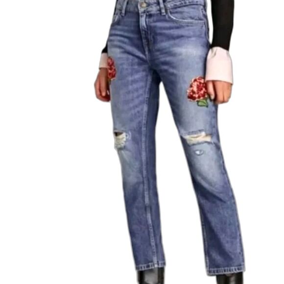 Zara NWT High Rise Floral Embroidered Sequined Distressed Boyfriend Jeans Size 2 - Picture 1 of 16